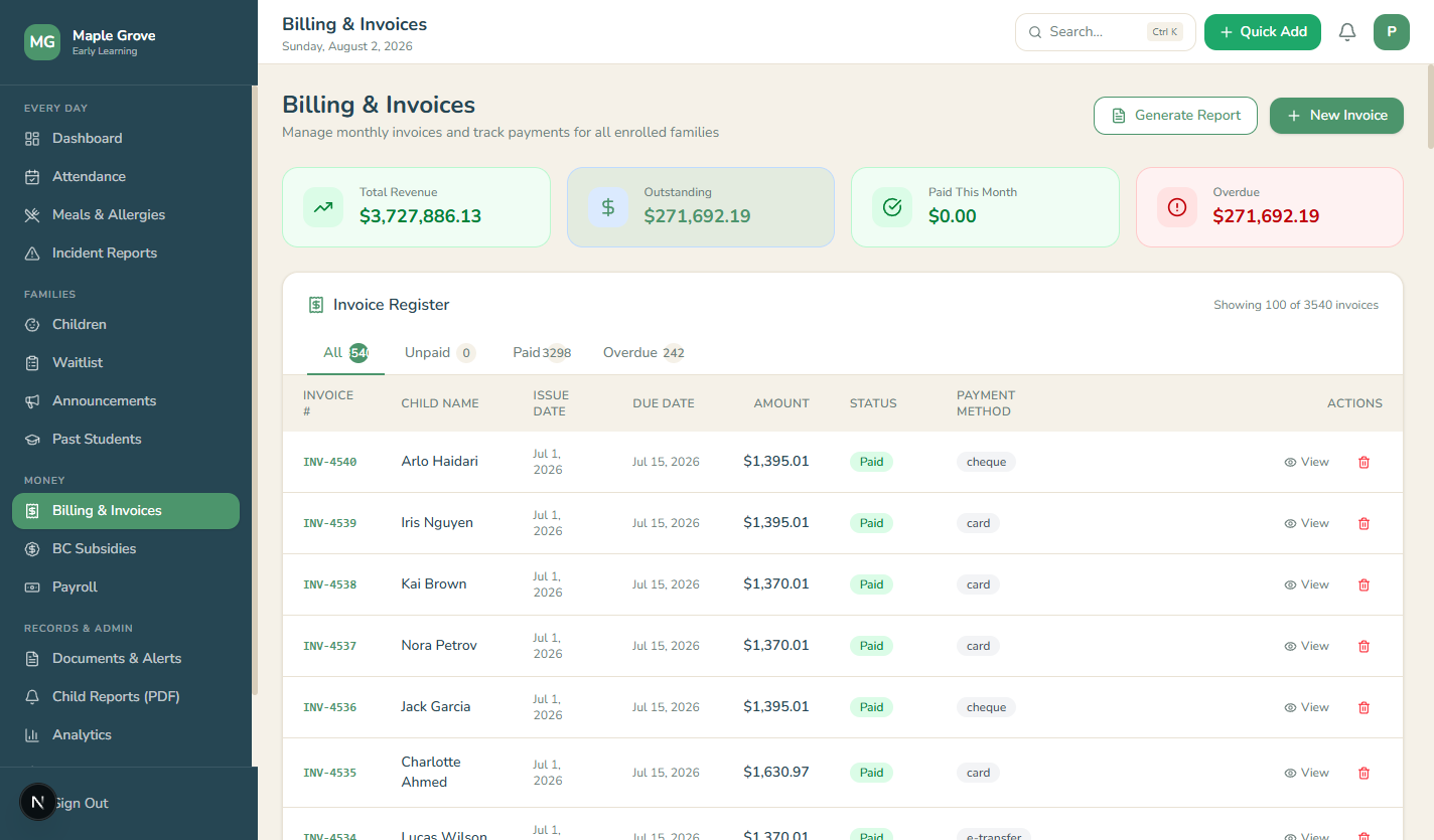 Daybook's billing screen with invoices and payment status